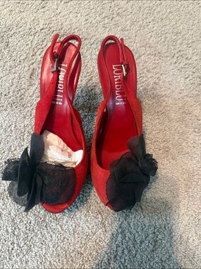 Red Suede Slingback Heels with Black Floral Accent